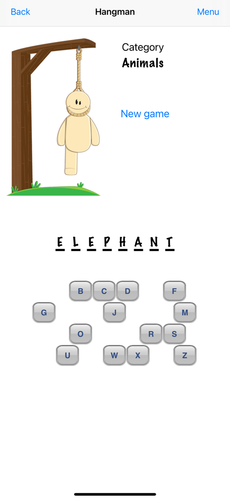 Hangman - The Best Game - Screenshot of Hangman - The Best Game showing a game in progress with the word Elephant under the Animals category.