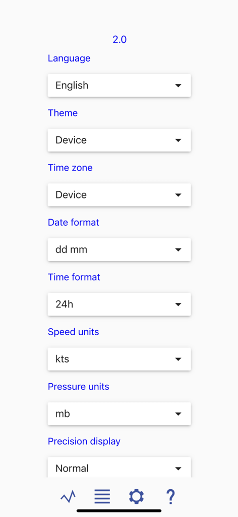 Marine Barograph - Settings menu of the Marine Barograph app showing configuration options for language, time zone, and measurement units.