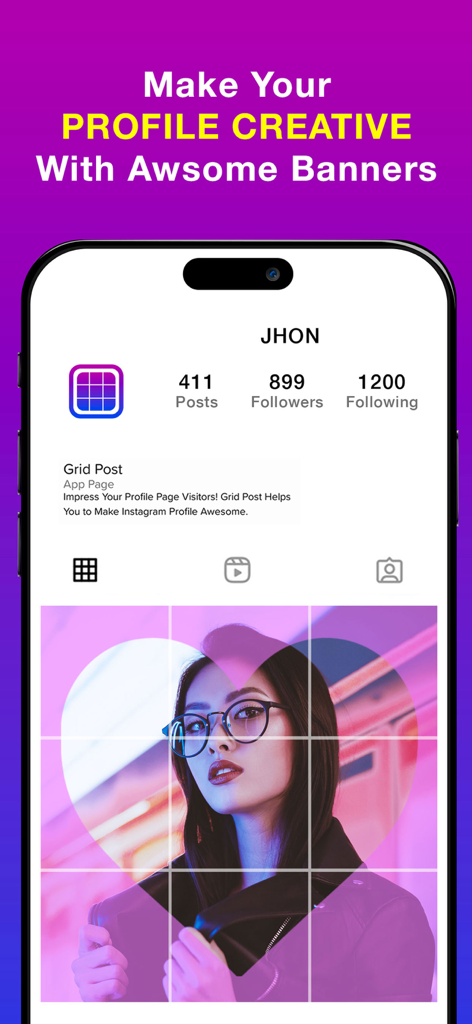 Mobile app screen showing a creative Instagram profile banner made with a 3x3 photo grid.