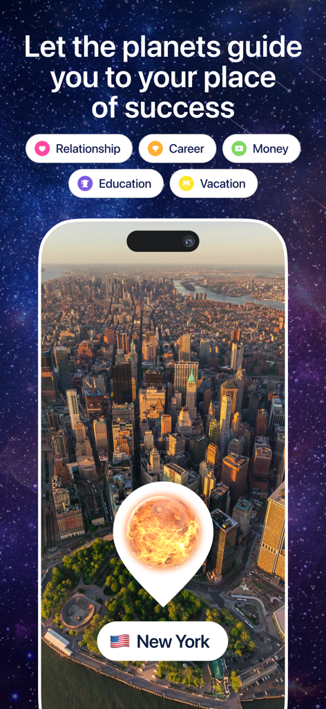 Linea: Astrocartography zodiac - Screenshot der Linea-App, der Astrokartografie-Anleitungen für Erfolg in New York City zeigt.
