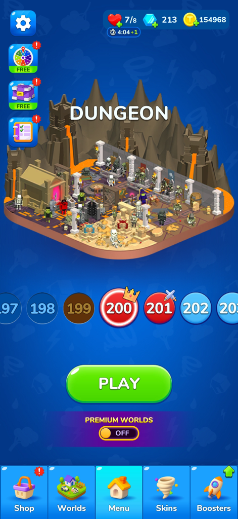 Main menu screen of Tornado io game showing the Dungeon world and level progression up to level 200.