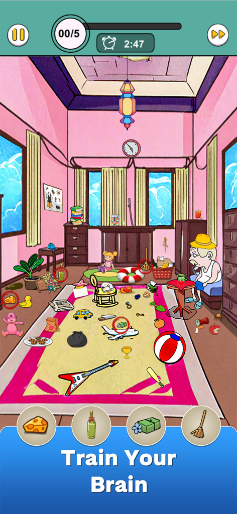 Juego de objetos ocultos Find it Out mostrando una búsqueda del tesoro en una habitación rosa desordenada y una interfaz de entrenamiento cerebral.