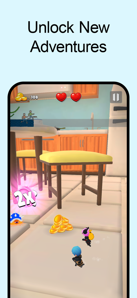 Captura de pantalla del juego Wobbly Life mostrando héroes en miniatura recolectando monedas de oro en un gran entorno de cocina.