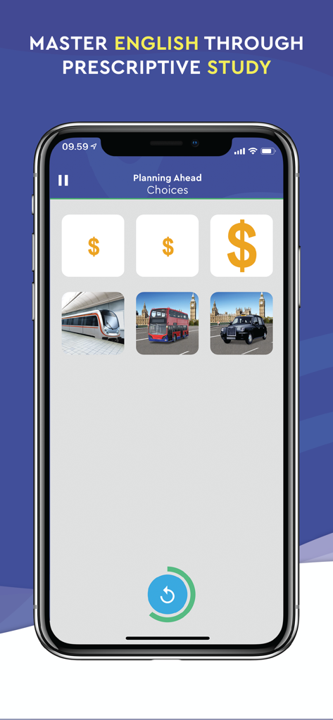 neoStudy - 交通手段と予算の選択肢を含む英語学習レッスンを表示するneoStudyモバイルアプリのインターフェース
