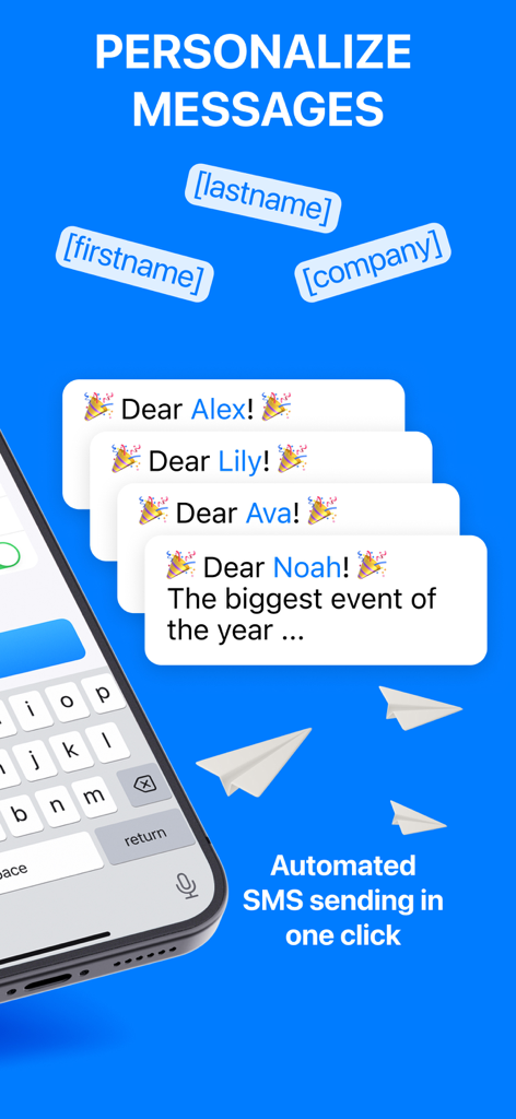 Group Text - Mass SMS Message - iPhone app screen demonstrating how to personalize mass text messages using contact name placeholders