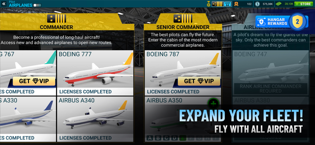 Airline Commander: Flight Game - Aircraft selection menu in Airline Commander showing various Boeing and Airbus plane models