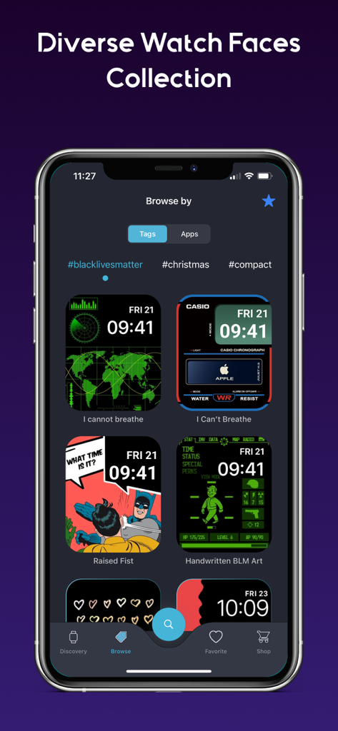 iWatch Gallery 앱 인터페이스의 다양한 사용자 지정 워치 페이스 디자인