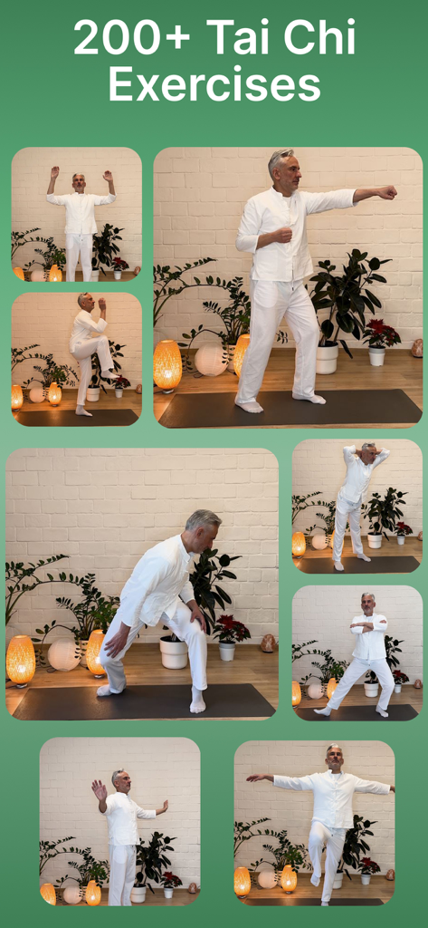 Anziano in abiti bianchi che dimostra varie pose di Tai Chi per un'app di esercizi