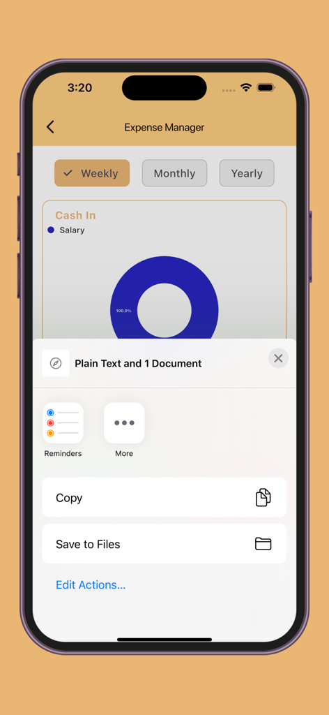 My Expense Manager and Tracker - Weekly income report screen in My Expense Manager app showing a salary donut chart