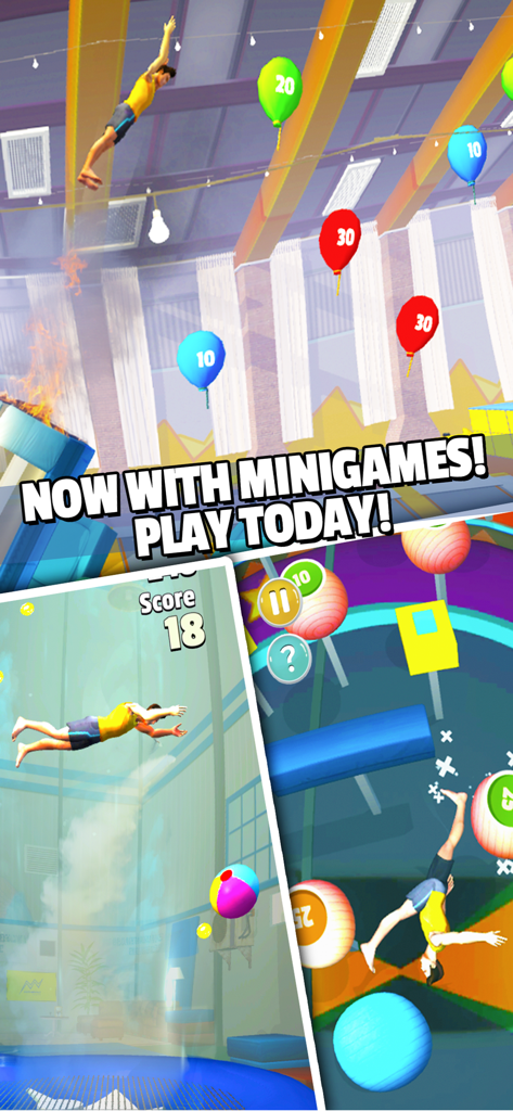 Gameplay screenshots of Flip Master showing characters performing trampoline stunts and new mini games