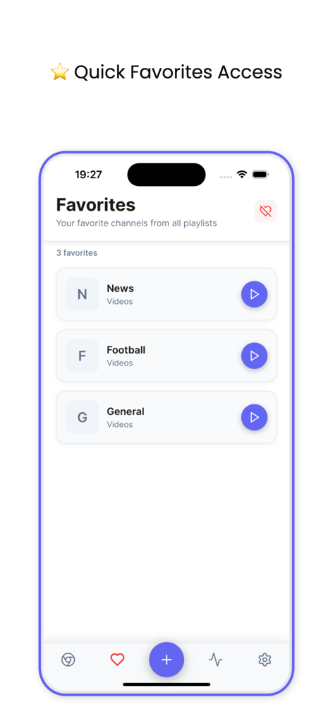 Drama Live - Écran Favoris de l'application Drama Live montrant une liste de chaînes enregistrées, y compris Actualités et Football