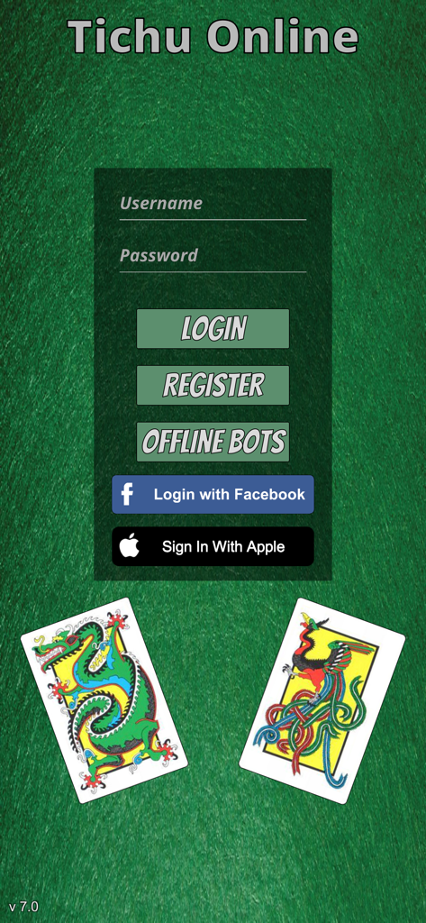Tichu online and offline - Login screen for Tichu online and offline featuring username and password fields plus options for offline bots and social sign in