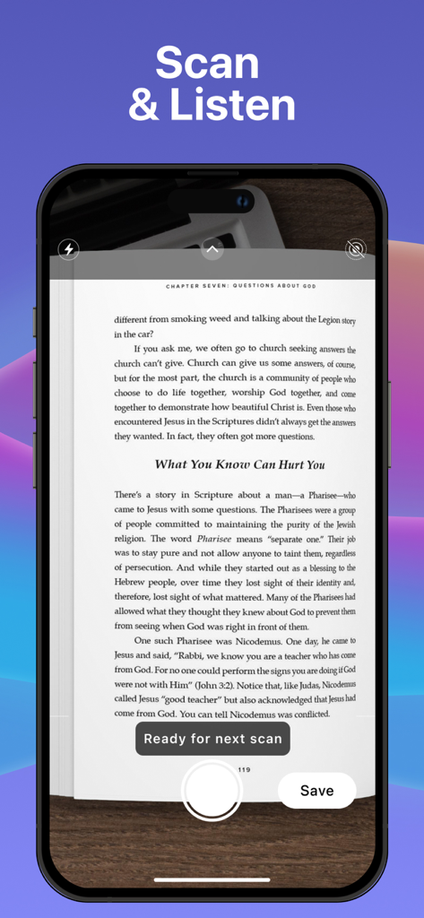 Synthy: Read aloud Text, Docs - Smartphone screen showing the Synthy app scanning a page from a book to read it aloud.