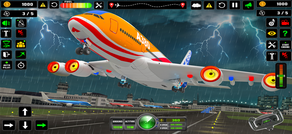 Flight Simulator: Pilot Game - A large commercial airplane taking off from an airport runway during a lightning storm in a flight simulator game