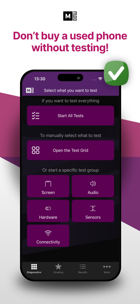Interface de l'application M360 Diagnostics montrant les options pour démarrer tous les tests ou sélectionner des catégories spécifiques comme l'audio de l'écran et les capteurs