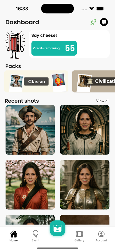 Photobooth AI - Panel de la aplicación Photobooth AI mostrando retratos generados por IA recientes y créditos de usuario restantes