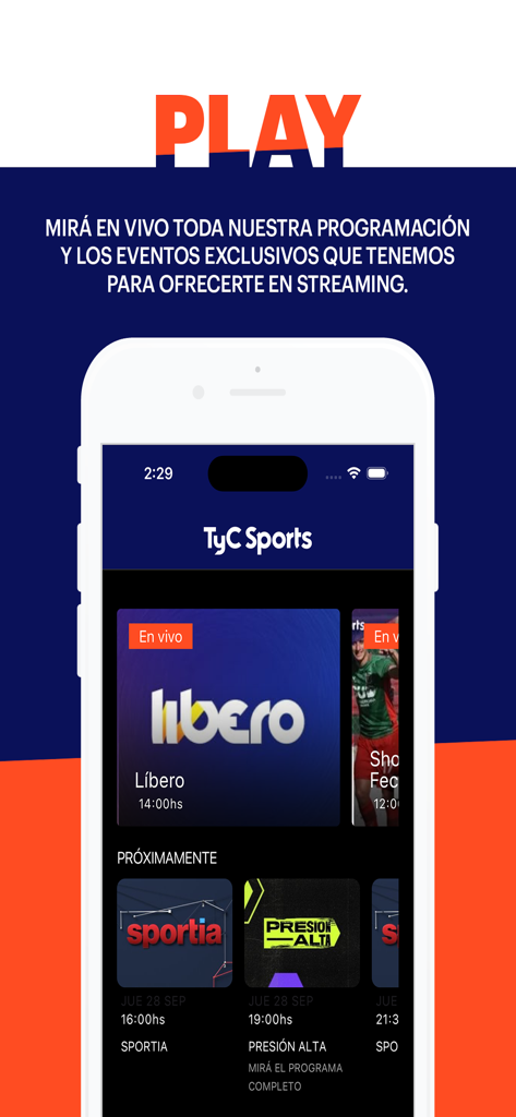 TyC Sports - Screenshot of the TyC Sports Play app showing live and upcoming sports programs like Libero and Sportia on a mobile screen.