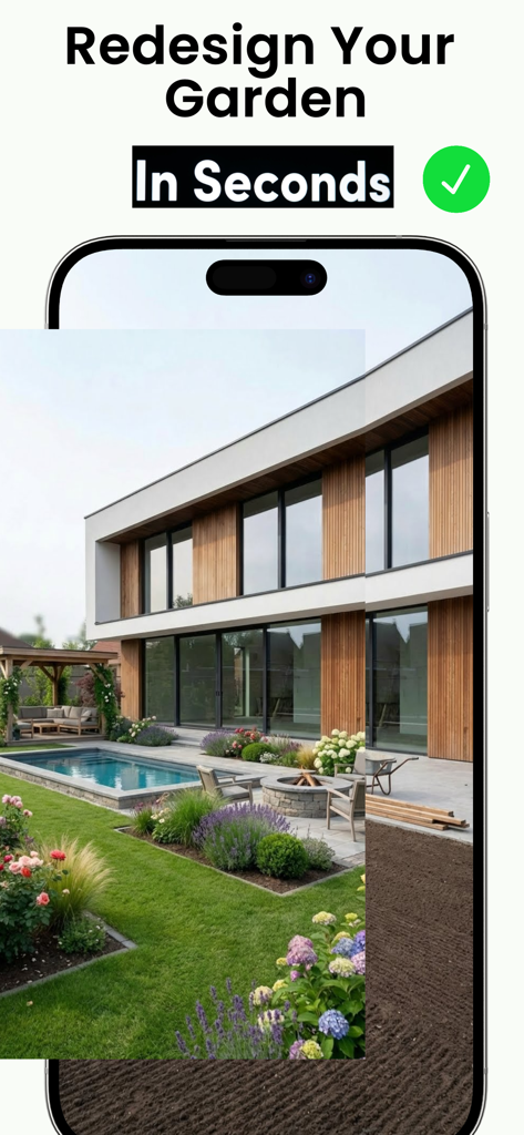 Backyard AI – Landscape Design - Smartphone screen showing a landscaped backyard with a pool and flowers using the Backyard AI app