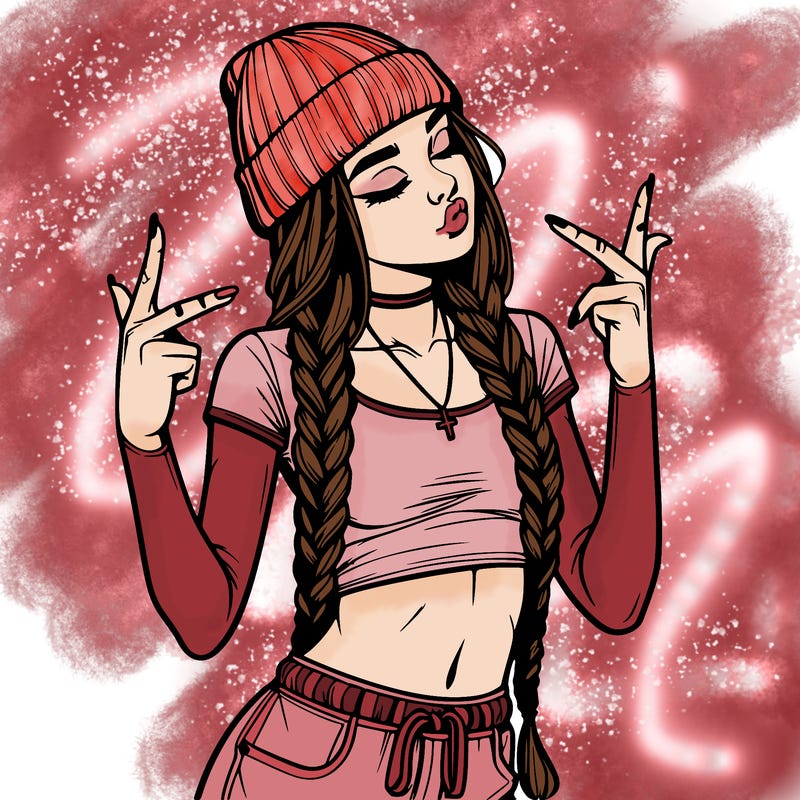 realistic teenage girl with braids and a beanie and crop top doing 🫶🏼