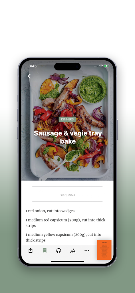 Women's Weekly Cookbooks - Recipe page for sausage and vegetable tray bake in the Womens Weekly Cookbooks app