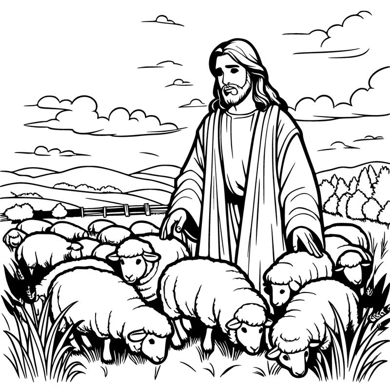 jesus in a field with sheep realistic