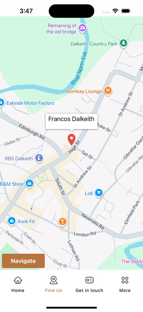 Francos Takeaway - A map screen within the Francos Takeaway app showing the restaurant location in Dalkeith with a navigation button