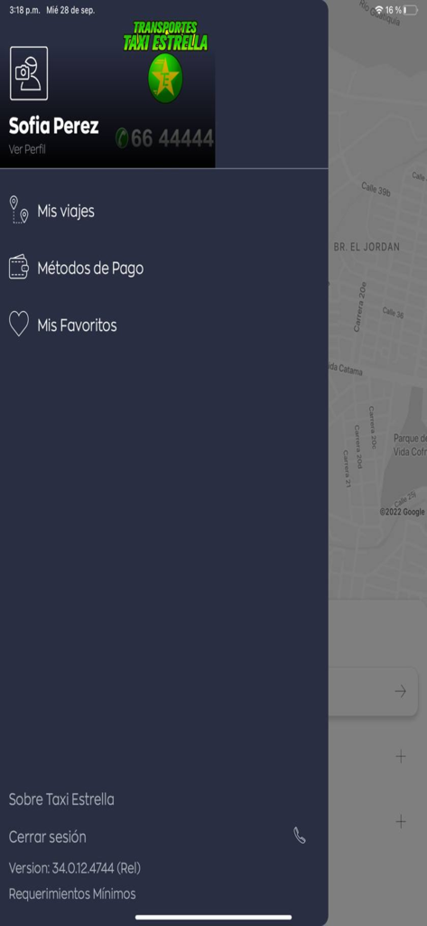 Taxi Estrella Villavicencio - Seitenmenü der Taxi Estrella Villavicencio Mobile App mit Optionen für Fahrten, Zahlungsmethoden und Favoriten des Benutzers.