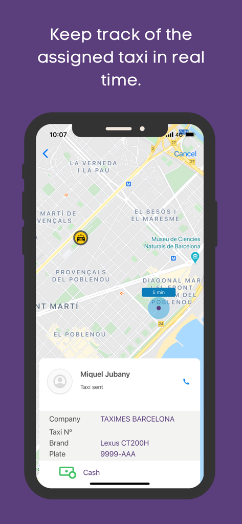 Real time taxi tracking feature in the Taximes app showing driver and vehicle information on a map
