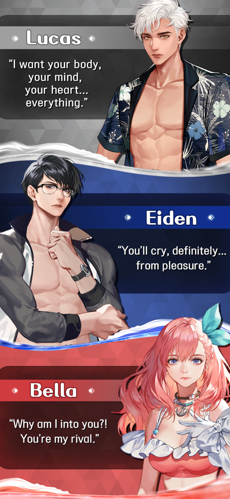 Flirting Island : otome story - Profiles of Lucas, Eiden, and Bella from the Flirting Island otome story game