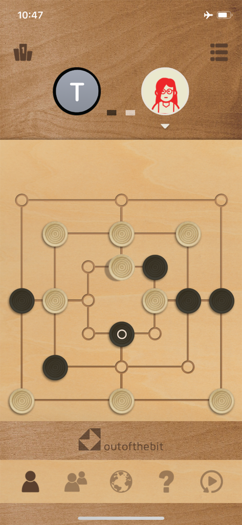 A digital board game of Nine Mens Morris with black and white pieces on a wooden surface