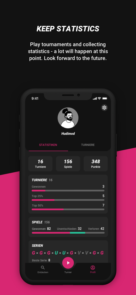 Let's Foos - Screenshot of the Let's Foos app showing a player profile with foosball game statistics and tournament rankings