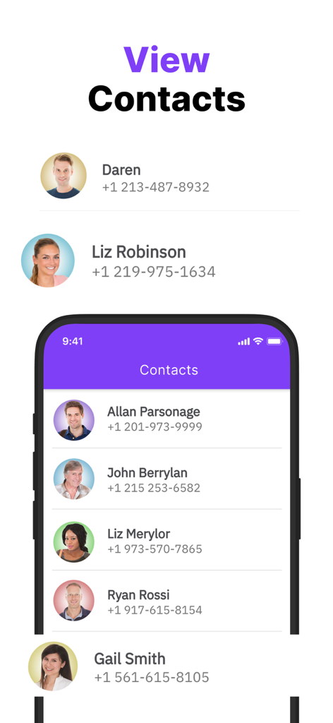 Spy Phone ® Pro Mobile Tracker - A mobile interface of the Spy Phone Pro app displaying a list of monitored contacts with photos and phone numbers