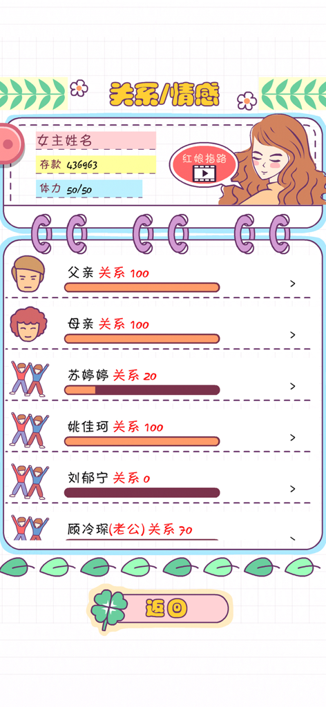 A screen from Love Simulator showing relationship progress bars and social status with various characters