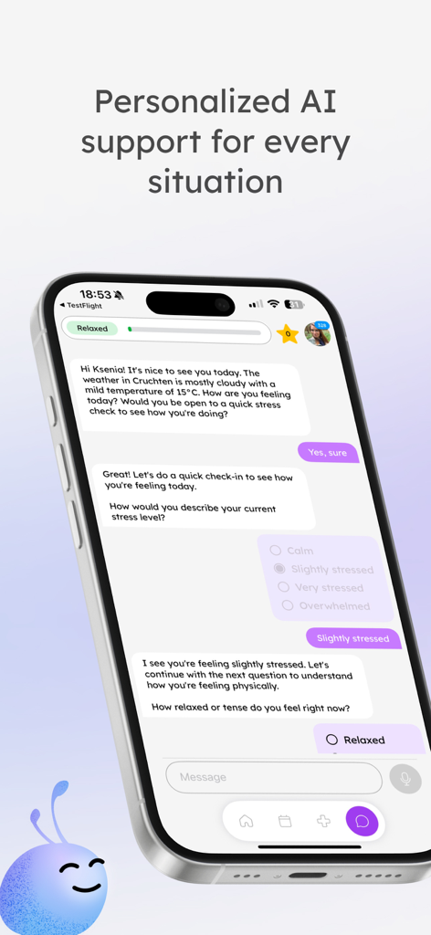 Mindory: AI Planner - Mindory AI chatbot performing a personalized stress level check-in on a smartphone screen