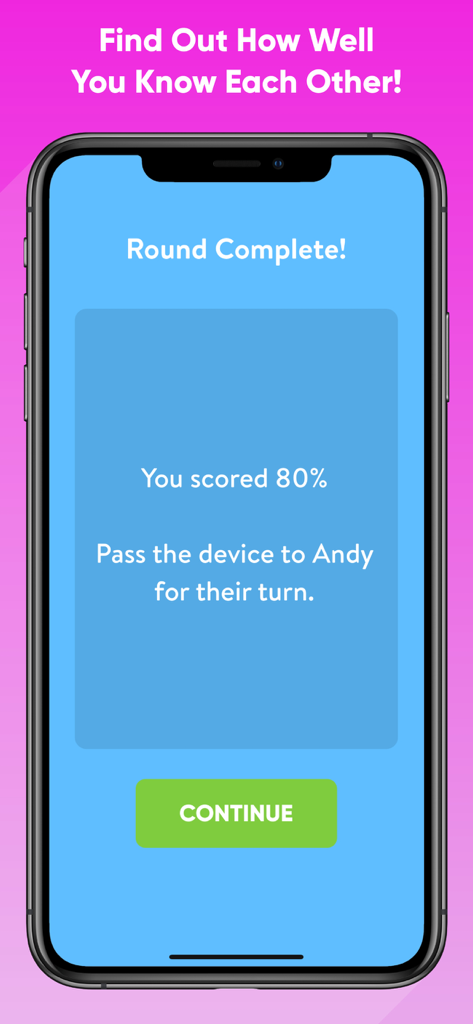 Screenshot of Quiz Your Friends app showing a completed round with an 80 percent score and a prompt to pass the device to the next player.