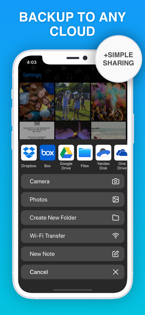 Safe Lock app interface showing cloud backup options and file management menu