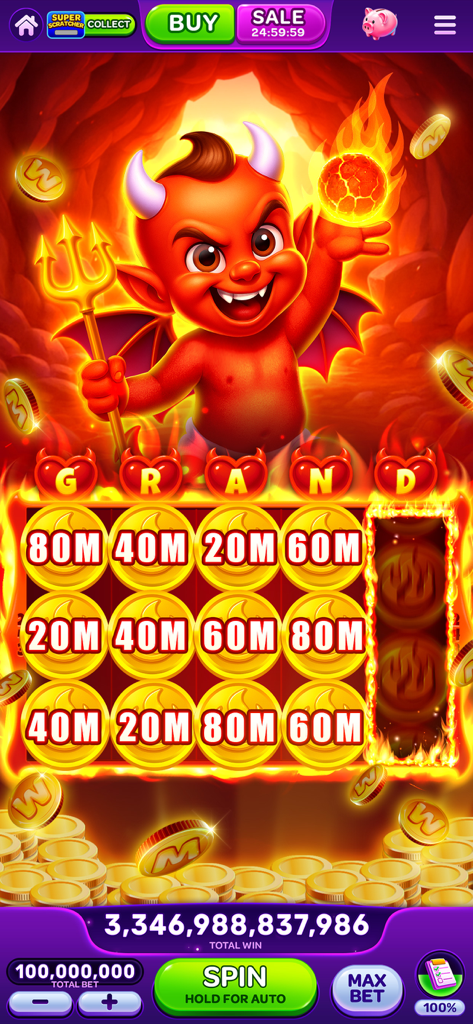 WOW Slots: Online Casino Games - WOW Slots game screen showing a devil themed slot machine with a massive jackpot win