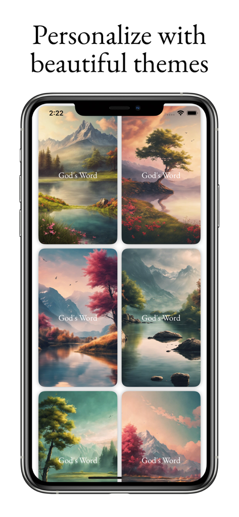 Ein Handybildschirm, der verschiedene ästhetische Naturthemen zur Personalisierung von Bibelvers-Widgets anzeigt.
