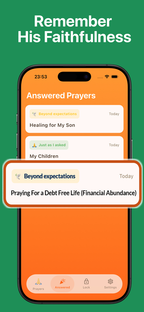 Pray Haven: Christian Journal - Una captura de pantalla de la aplicación Pray Haven que muestra una lista de oraciones respondidas y testimonios registrados.
