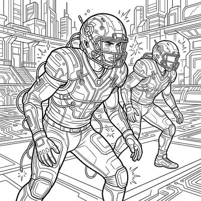 Step onto a futuristic football field where safeties in advanced cyberpunk gear prepare for action. This intricate coloring page combines the thrill of American football with a high-tech, urban aesthetic.