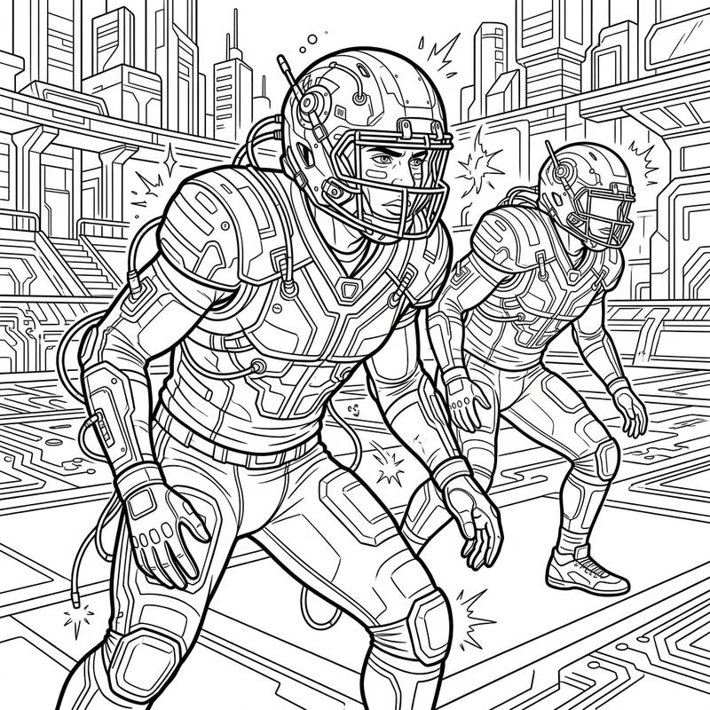 Step onto a futuristic football field where safeties in advanced cyberpunk gear prepare for action. This intricate coloring page combines the thrill of American football with a high-tech, urban aesthetic.