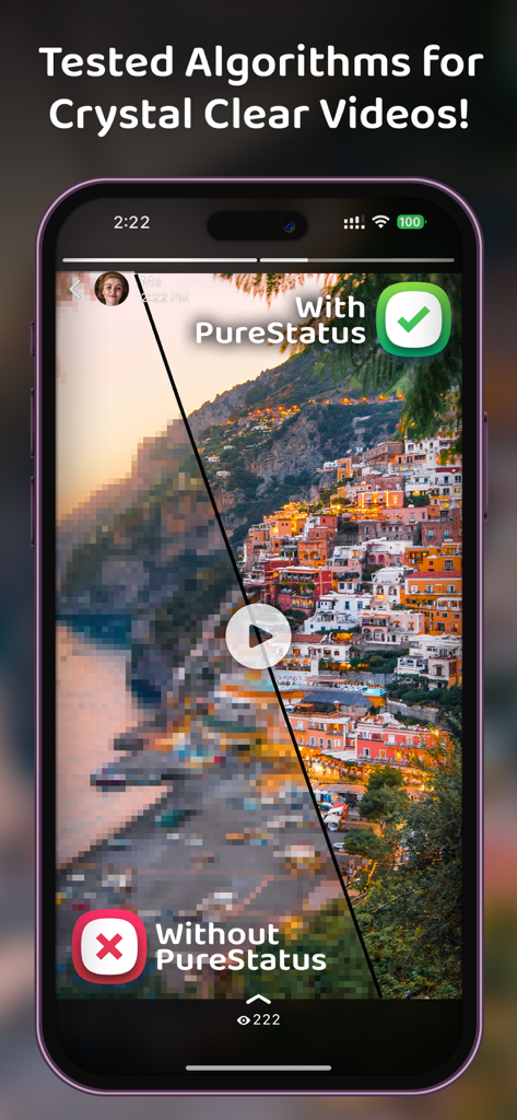 Comparison of blurry and crystal clear video quality for WhatsApp Status using PureStatus