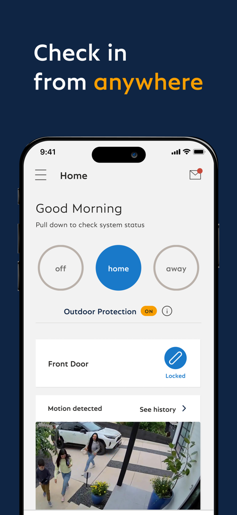 Écran d'accueil de l'application mobile SimpliSafe affichant les commandes d'état du système et un flux vidéo de sécurité en direct