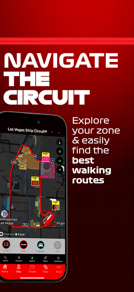 Tela do aplicativo F1 Las Vegas mostrando o mapa do Circuito da Strip de Las Vegas e navegação por rota a pé