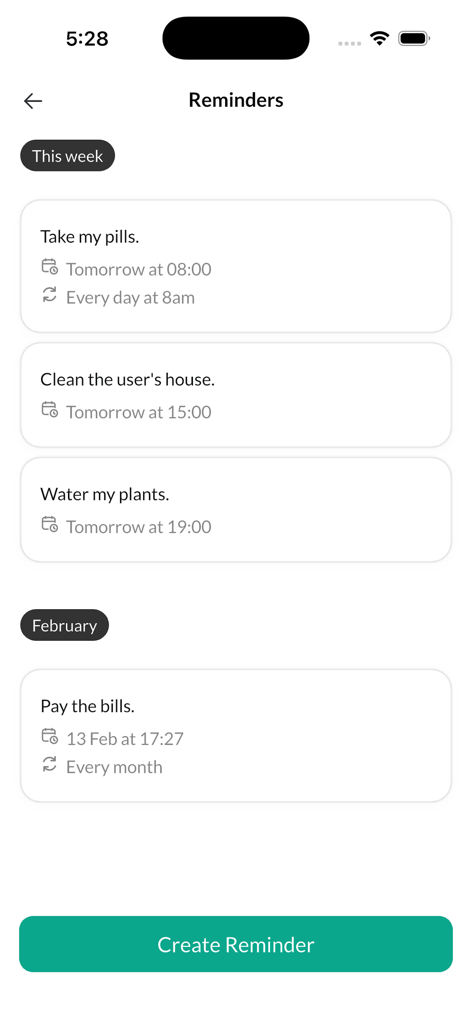 Interface showing a list of scheduled reminders in the Zapia AI app including personal tasks and bill payments