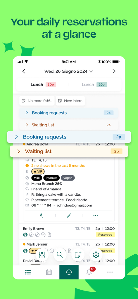 Panel de control de la aplicación TheFork Manager que muestra las reservas diarias y la información detallada de las reservas de los clientes