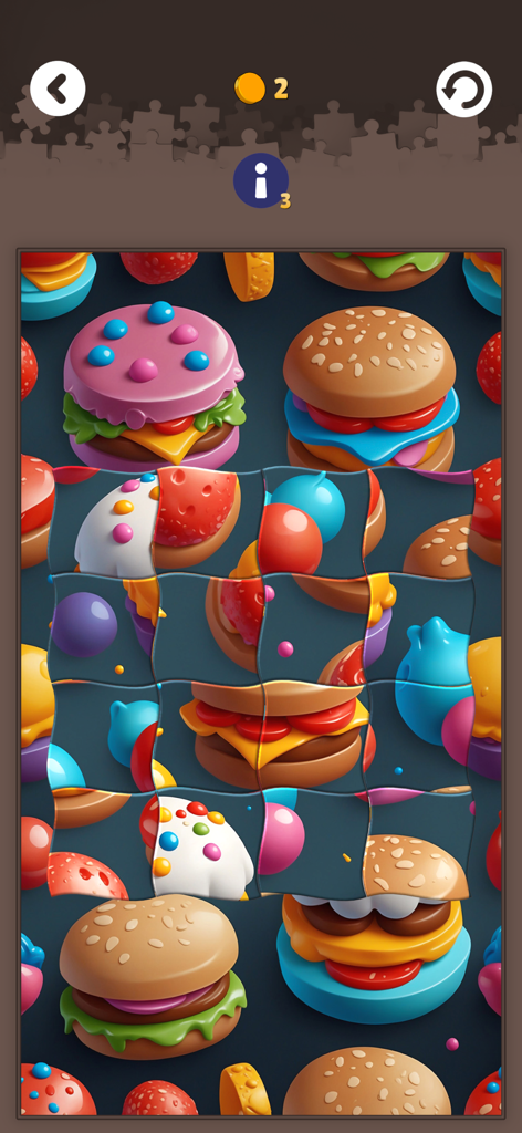 Una pantalla de juego de puzzle de rompecabezas con temática de hamburguesa de la aplicación Tiny Fun.