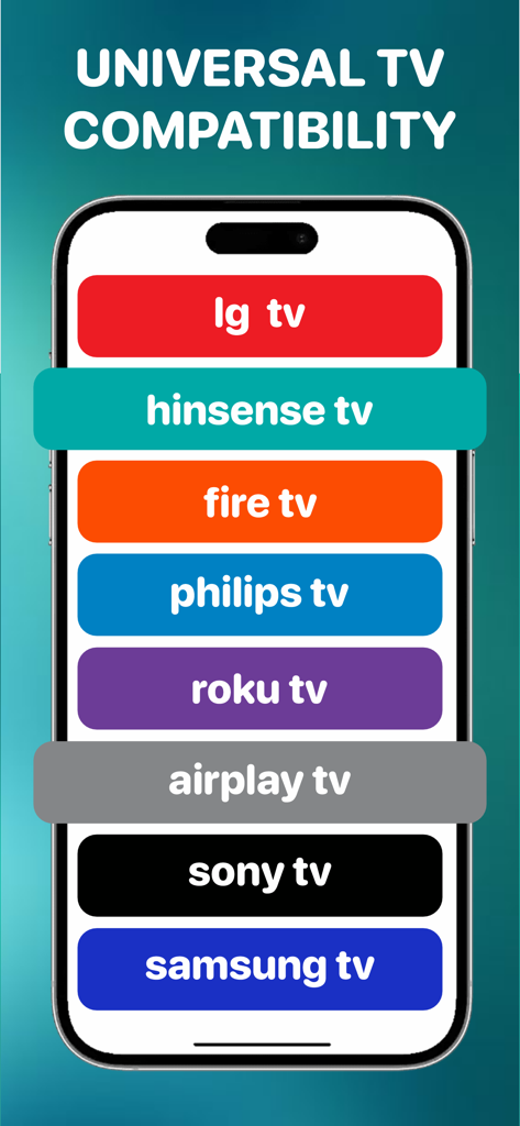 AllShare Cast ㅤ - An iPhone screen displaying a list of compatible smart TV brands including Samsung LG Roku and Fire TV under the heading Universal TV Compatibility