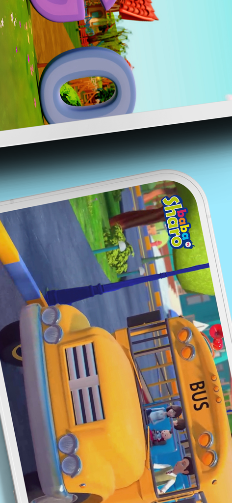 Bus scolaire animé avec des personnages de l'application de comptines BabaSharo Kids.