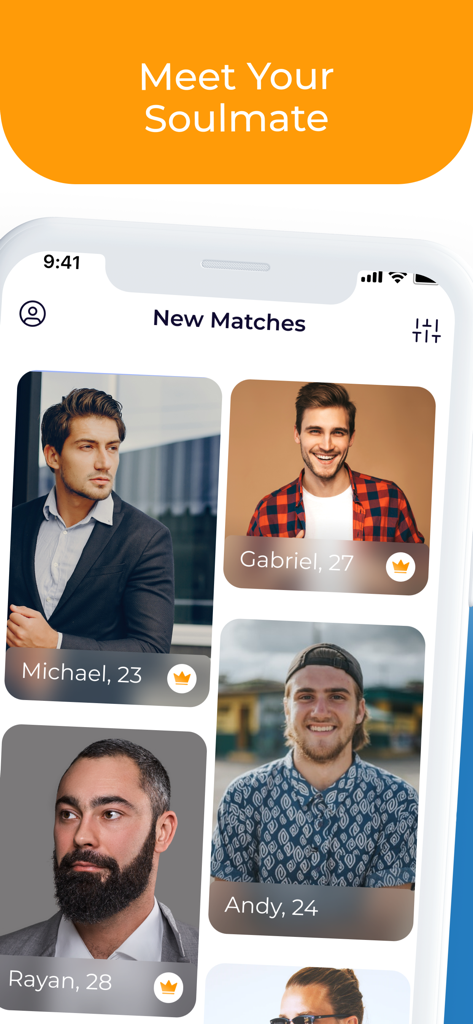 L'application mobile WhosHere Plus montrant l'écran Nouveaux matchs avec une grille de noms et âges de profils d'utilisateurs